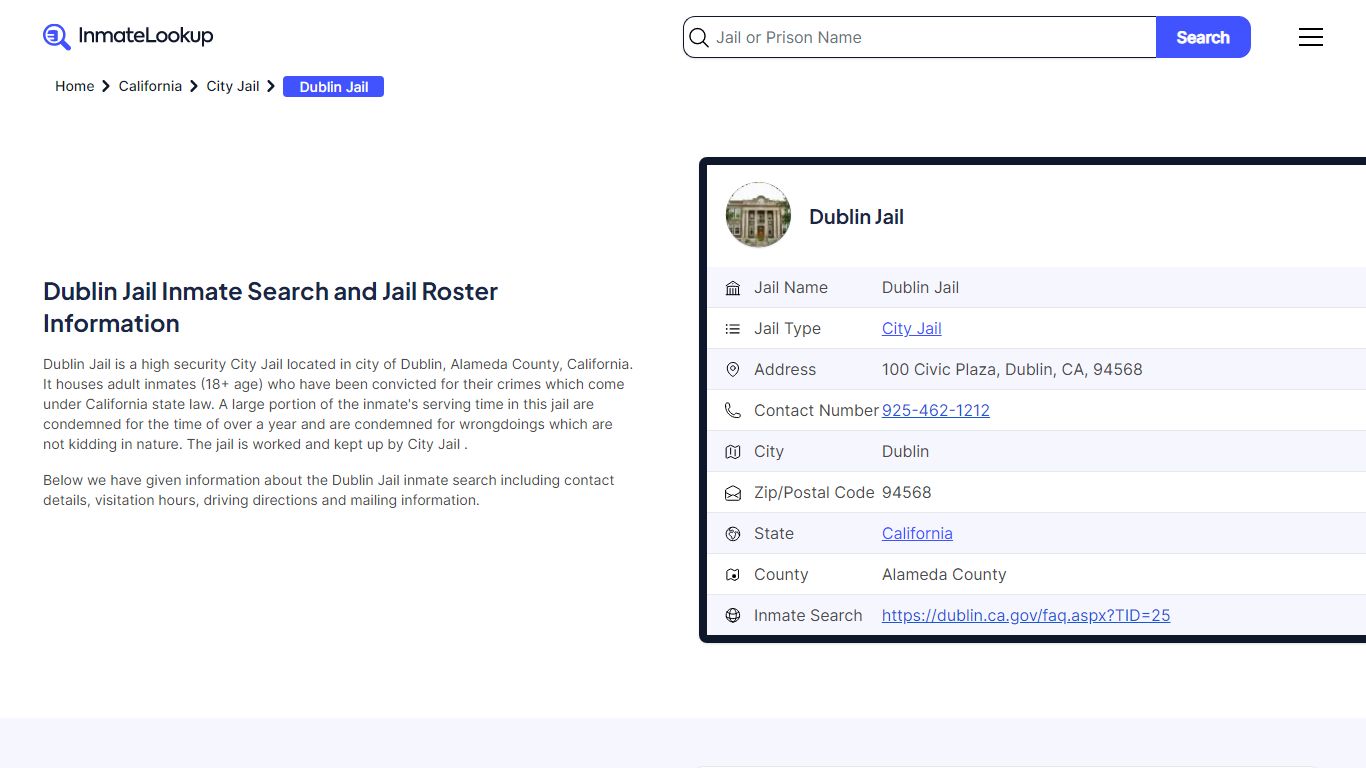 Dublin Jail (CA) Inmate Search California - Inmate Lookup